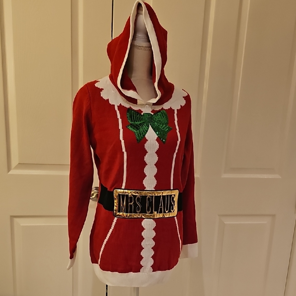 Mrs. Claus Hooded Sweater - Red and Green With Faux Nameplate